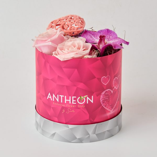 Pink box 15cm with fresh flowers FLOWER ARRANGEMENTS Antheon