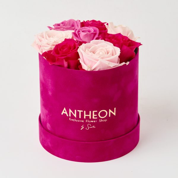 Κουτί πολυτελείας φούξια 15cm με φρέσκα λουλούδια ΑΝΘΟΣΥΝΘΕΣΕΙΣ Antheon