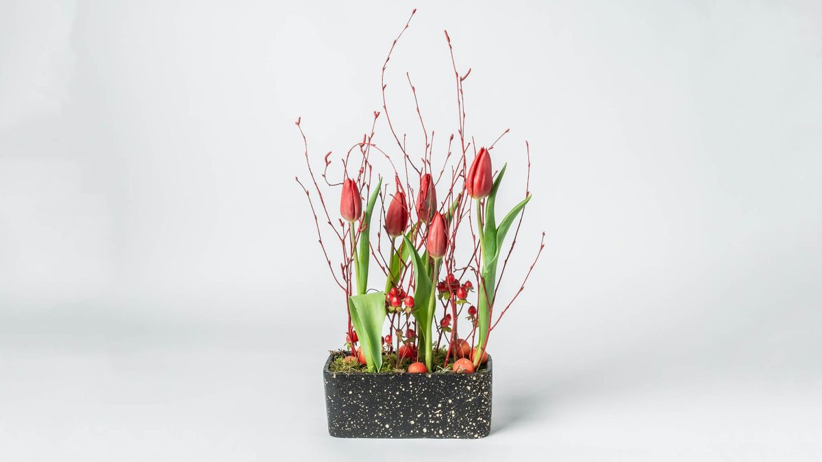Fresh Flowers Arrangement in Long Narrow Black Caspo FLOWER ARRANGEMENTS Antheon