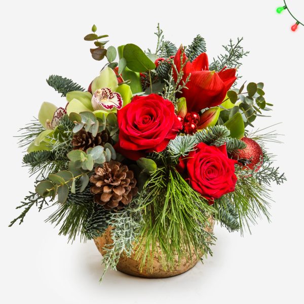 Xmas Arrangement in Gold Caspeau with Orchid Sibidium Amarilis Antheon